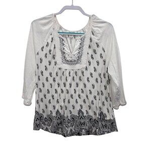 Vintage America XL White Black Paisley Print Embroidered Peasant Top.2979